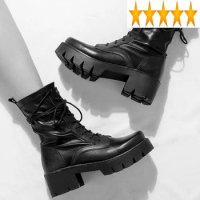 Platform Punk Style Women Thick Lace Up High Top Ankle Boots Winter Fleece Liner Block Heels Biker Genuine Leather Safety Shoes