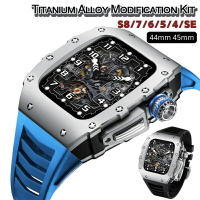 新款RM鈦合金錶殼 改裝手錶套裝 適用Apple Watch s8 7 氟橡膠錶帶 44 45mm 男表配件