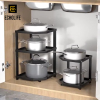 【Echolife】三層角落鍋具置物架 廚房層架 鍋子收納架 櫥櫃 櫃子分層架 放鍋架