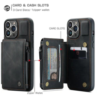 100pcs/Lot CaseMe C20 Leather Zipper Case For IPhone 15 14 13 12 11 Mini Pro X XR XS Max Card Holder Wallet Cover SE 2020 8 7