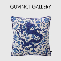 GUVINCI Chi'en Indigo Blue Dragon Decorative Pillow Cover Luxury Velvet Square Cushion Case 60x60cm Eclecticism Style Home Decor