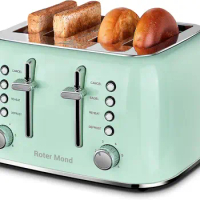 Toaster 4 Slice, Roter Mond Retro Stainless Steel Toaster with Extra Wide Slots Bagel, Defrost, Reheat Function, Dual Independen