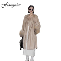 Ftangaiur Winter Coat For Women Import Velvet Mink Fur Coat Women's Removable With Fox Fur Collar Real Mink Fur X-Long Coats