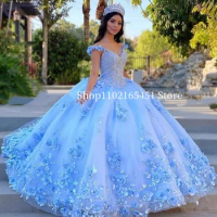 Light Sky Blue Quinceanera Dresses Cap Sleeves Sweet 16 Dress with 3D Rose Flowers Celebrity Graduation Party Gowns Lace-up