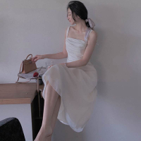 2022春季甜美新款森系白色長裙小眾女初戀法式設計感吊帶連衣裙子