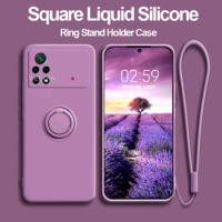 Poco M4 Pro 4G Square Liquid Silicone Ring Holder Case For Xiaomi Poco M4 M3 X4 Pro 5G Poco X3 F3 Protection Soft Cover X3 Pro