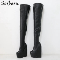 Sorbern 22cm Crotch Thigh High Boots Unisex Wedges High Heels Platform Drag Queen Shoes DIY Wide Fit Calf Slim Fit Size 33-48