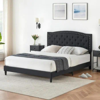 Large Bed Frame, Fabric Upholstered Platform, Queen Bed Frame with Adjustable Headboard, Highly Resilient Foam Design