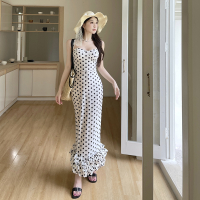 Illya French Style Long Dress Slim Waist Dress Polka Dot Slim Ruched Hem Strap Dress WQ25078