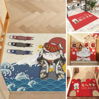 【聚時柚】新年招財貓迎賓刮泥80*50cm紅色玄關刮泥腳踏墊(絲圈印花地墊)