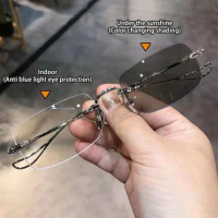Vintage Rimless Small Rectangular Photochromic Glasses Anti Blue Light Women Metal Color Change Eye Protection Spectacles