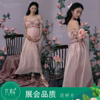 花沐新款孕婦拍照服裝影樓寫真衣服韓式唯美孕媽粉色抹胸連衣裙