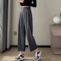 【JILLI-KO】窄版捲邊西裝褲女九分直筒褲設計感休閒闊腿褲-L/XL(灰/卡)