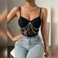 Vemina Pearl Chain Decoration Fishbone Skinny Halter V neck Crop Top Women，Lace Hollowing Mesh See Through Tank Vest Sexy Corset