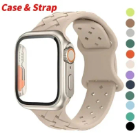Glass+Case+Strap Silicone Strap For Apple Band Watch 44mm 40mm 45mm 41mm bracelet iwatch series 7 se 4 5 6 8 Ultra case