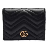 【GUCCI 古馳】GG Marmont matelasse系列絎縫紋牛皮金屬雙G LOGO暗釦卡夾/零錢包(黑466492-DRW1T-1000)