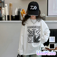 【UniKids】中大童裝長袖T恤 韓版塗鴉風 女大童裝 CVNG297(白 深寶藍)