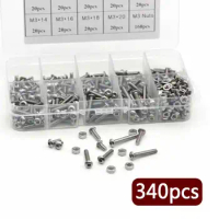 340pcs Stainless Hex Socket Button Head Screws Allen Bolt Nut Assortment Kit M3*5/6/8/10/12/14/16/18/20mm Pan Head Screws Set
