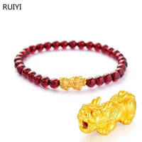 RUIYI Pure 24K 999 Gold Pixiu Bracelet Handmade Elastic Cord Charm Bracelet With Garnet Beads for Women Fine Jewelry Party Gifts