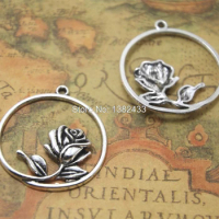 8pcs beauty and the beast Rose Charms silver round rose charm pendant 36x34mm