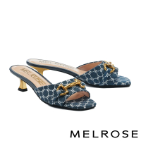 【MELROSE】時髦經典馬銜釦花布方頭高跟拖鞋(藍)