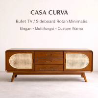 CASA CURVA Bufet TV Rotan Minimalis 150 cm | Sideboard Kayu Solid Estetik Japandi Mid Century | Kabi