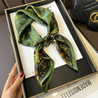New Pastoral Green Floral Curling Mulberry Silk 70 Square Scarf Universal Decorative Bag for Women