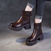 Women's thick-soled Martin boots with belt buckle, soft leather, unique retro style, versatile, ligh
