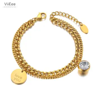 ViiEee Double Layer Stainless Steel Love You Tag &amp; CZ Crystal Charm Bracelets For Women Bohemia Chain Link Jewelry VB21066
