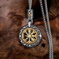 Vintage Vikings Compass Trident Necklaces Men Stainless Steel Norse Rune Hollow Out Sun Pendant Amulet Scandinavian Jewelry Gift