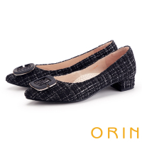 ORIN 方釦尖頭格紋毛呢低跟鞋 黑色