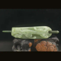 Old China Natural hetian green Jade Hand Carved statue dragon crown and hair pin #24
