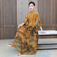 旗袍改良版連衣裙夏系帶女裝中式中國風絲質印花奧黛裙