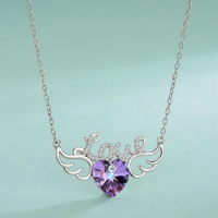 S925 Sterling Silver LOVE Heart Shaped Violet Angel's Wings Necklace Women's Fashion Austrian Element Crystals