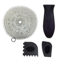 Stainless Steel Scrubber Set Include Cleaning Cleaner Black Scrapers Handle Cover for Cast Iron Pan Iron Pans Woks Pots Kitchen