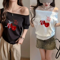 [YOU-T] เสื้อปาดไหล่  เสือใส่สบาย Oversize  สื้อโชว์ไหล่ เหมาะสำหรับฤดูร้อน มี 4ไซส์ “Cherry LOVE U”