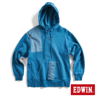 EDWIN 再生系列 CORE 拼布寬版連帽長袖T恤-男-土耳其藍