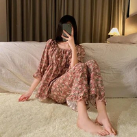 Japanese Style Cotton Silk Floral Printed Pajama Set Sleepwear for Women 2 Pieces Short Sleeve Trousers Luxury Elegant Nightwear