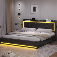 King Size Bed Frame with Storage Drawers and LED Lights Faux Leather Headboard, Stable, Quick Setup &amp; No Box Spring Needed