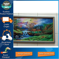 hiasan dinding lukisan cetak digital printing pemandangan alam indah plus bingkai ukuran 100*50 Emas