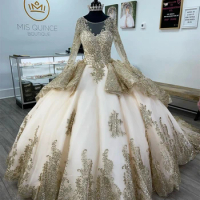 Champagne Sequin Appliques Ruffels Luxury Quinceanera Dress With Long Sleeves Ball Gown Charro Mexican Dress Wedding vestido