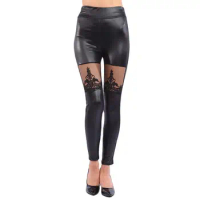women gothic floral lace large Leggings lady punk rock club party disco pants high wasit Skinny stretched imitation leather pant