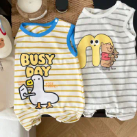 Jenny&amp;Dave Baby 2023 Summer Cartoon Stripe Shoulder Buckle Creeper 0-2 Year Old Baby Sleeveless Short Creeper One Piece Romper C