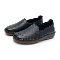 【Vecchio】真皮頭層牛皮復古手工縫線舒適軟底樂福鞋(黑)