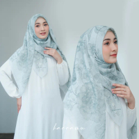 HARRAMU Jilbab Segiempat Motif Salvia Hijau Voal Paris Premium Hijab Segi 4 Empat Kerudung Square La