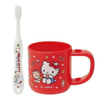 小禮堂 Hello Kitty 兒童牙刷漱口杯組 旅行牙刷組 附牙刷蓋 3-5歲適用 (紅 餅乾)