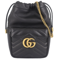GUCCI 古馳  Marmont 黑色車縫牛皮金標小型斜背水桶包