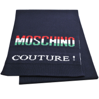 MOSCHINO 義大利製紅白綠品牌字母LOGO混羊毛圍巾(深藍色系)