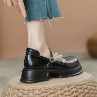 Vshoes-รองเท้าหนังขนาดเล็กสำหรับผู้หญิง รองเท้ามุกคลาสสิก แมรี่เจน น้ำหนักเบา รองเท้าขี้เกียจฝรั่งเศ