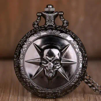 Hollow Vintage Bronze Skull Ghost Fire Quartz Pocket Watch Necklace Mens Fob Watch